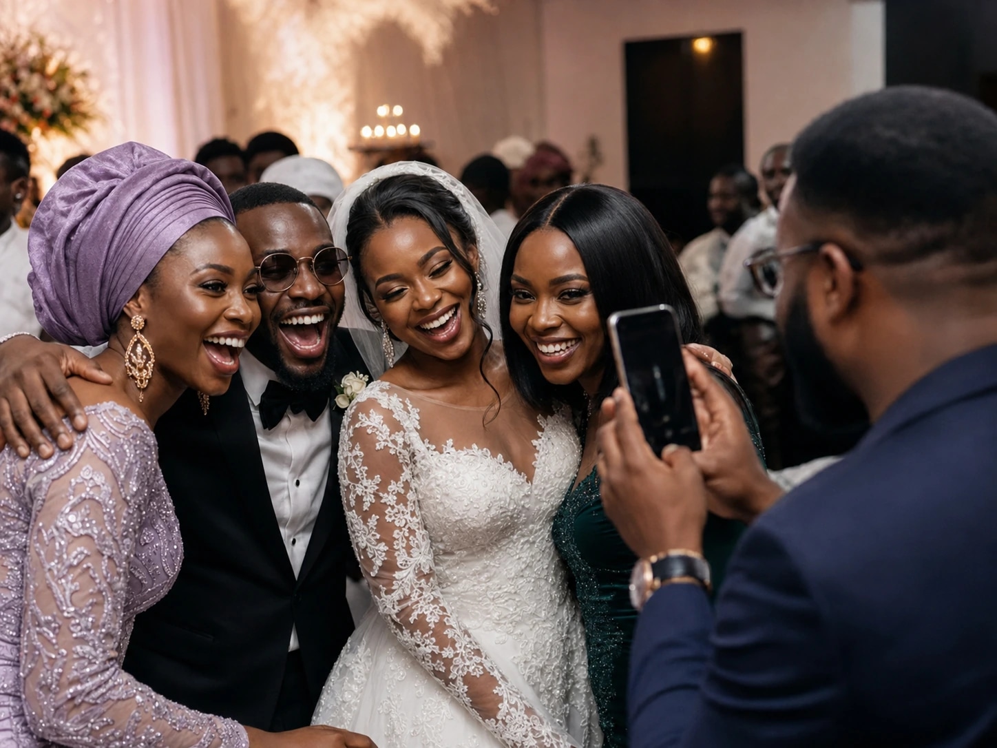 A bride in white lace and her friends laughing together for a wedding photograph.