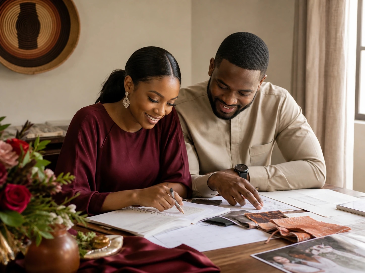 Nigerian couple working on their wedding plan together at home.