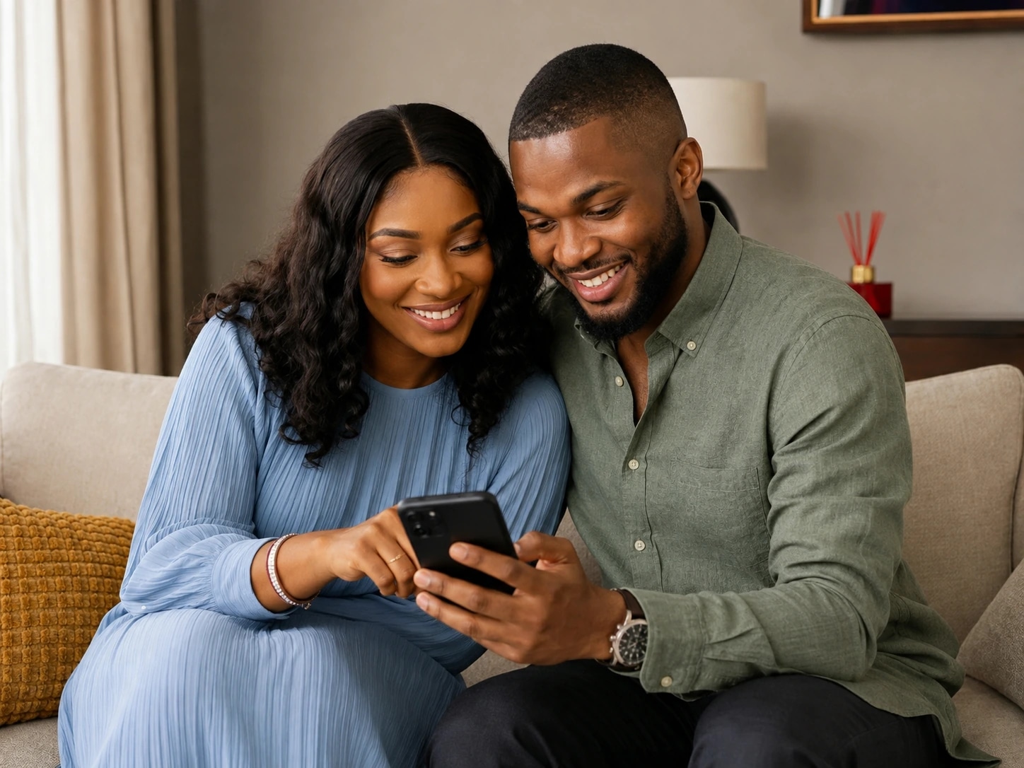 Nigerian couple in blue and sage clothing enjoying their wedding details on a phone.