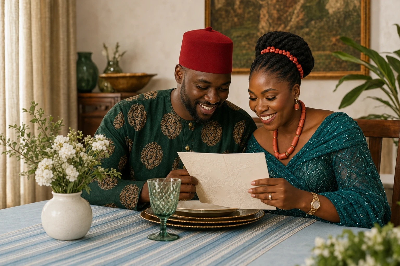 Couple in green isiagu and teal bridal attire reviewing a wedding invitation.