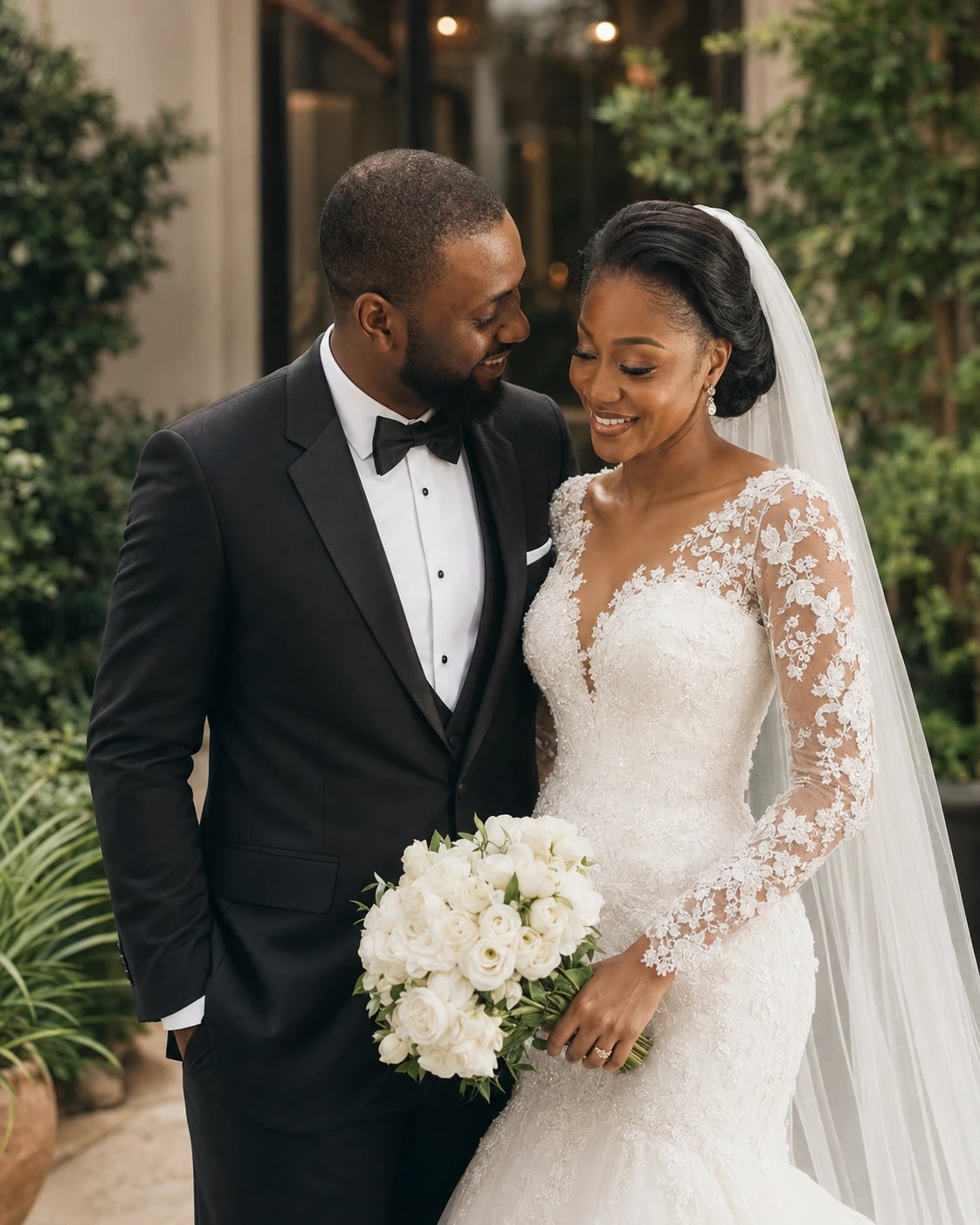 The wedding couple sharing an affectionate moment in a white gown and black tuxedo.