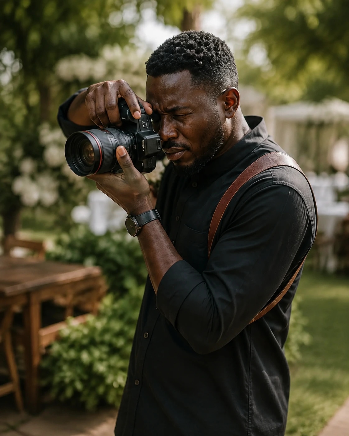 A Nigerian wedding photographer concentrating on a shot at the venue.