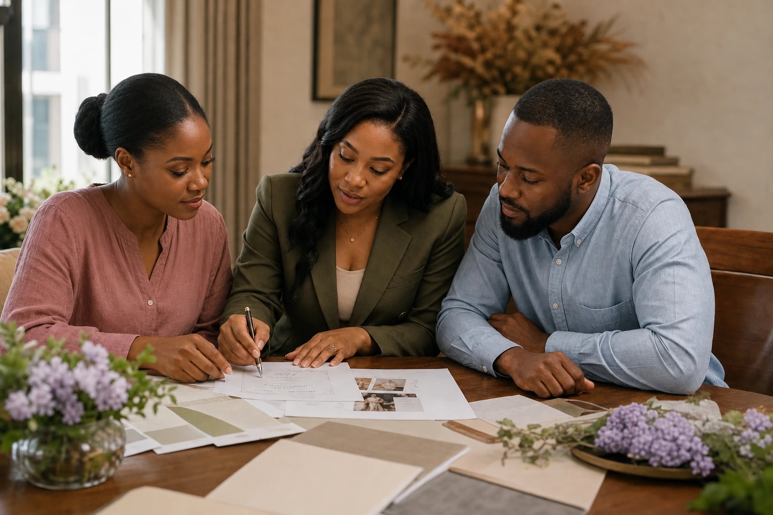 Nigerian couple in everyday clothes reviewing a wedding plan with their planner.